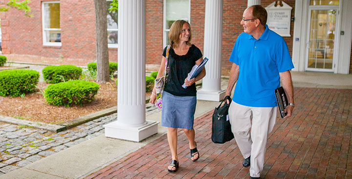Curry College offers both Milton and Plymouth campuses for convenience.  Pictured are students walking to class on our Plymouth campus.