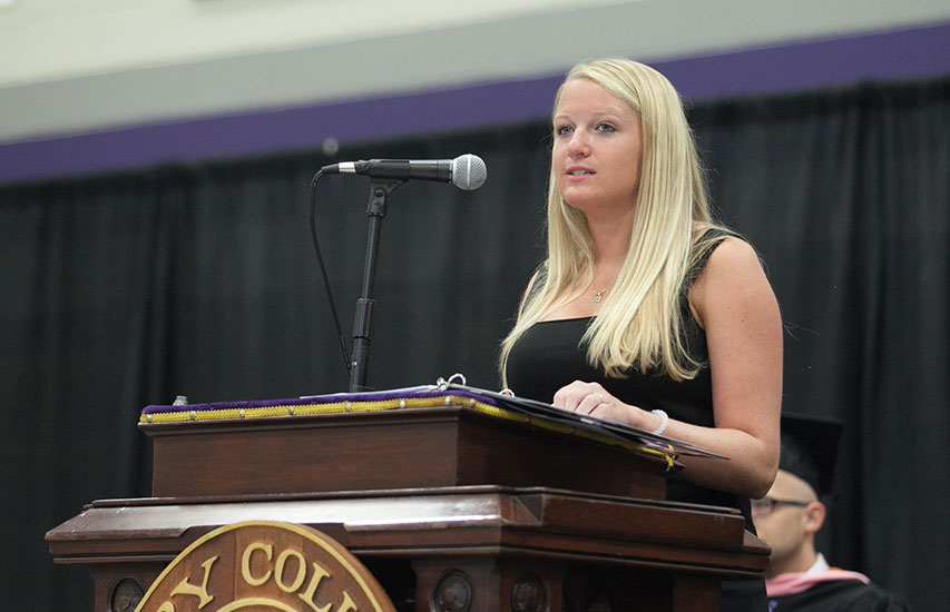 Student public speaking representing the corporate communication concentration at Curry College