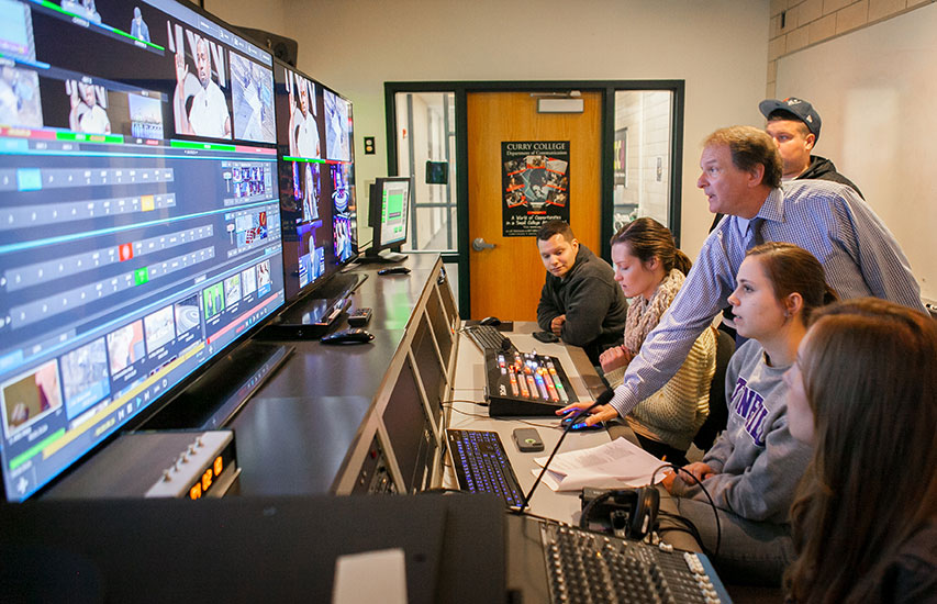 Students in the control room of the Hirsh Communication Center at Curry College, pursuing a television/digital video concentration