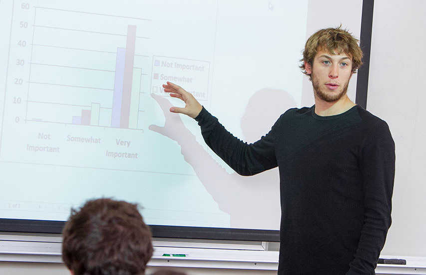 Student presents research at the Smartboard representing the Politics and History Major and Minor at Curry College