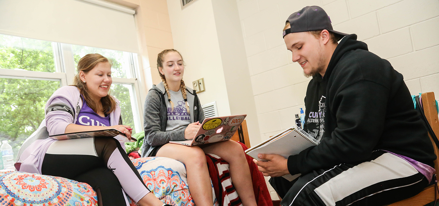 Curry students studying together in a campus residence hall